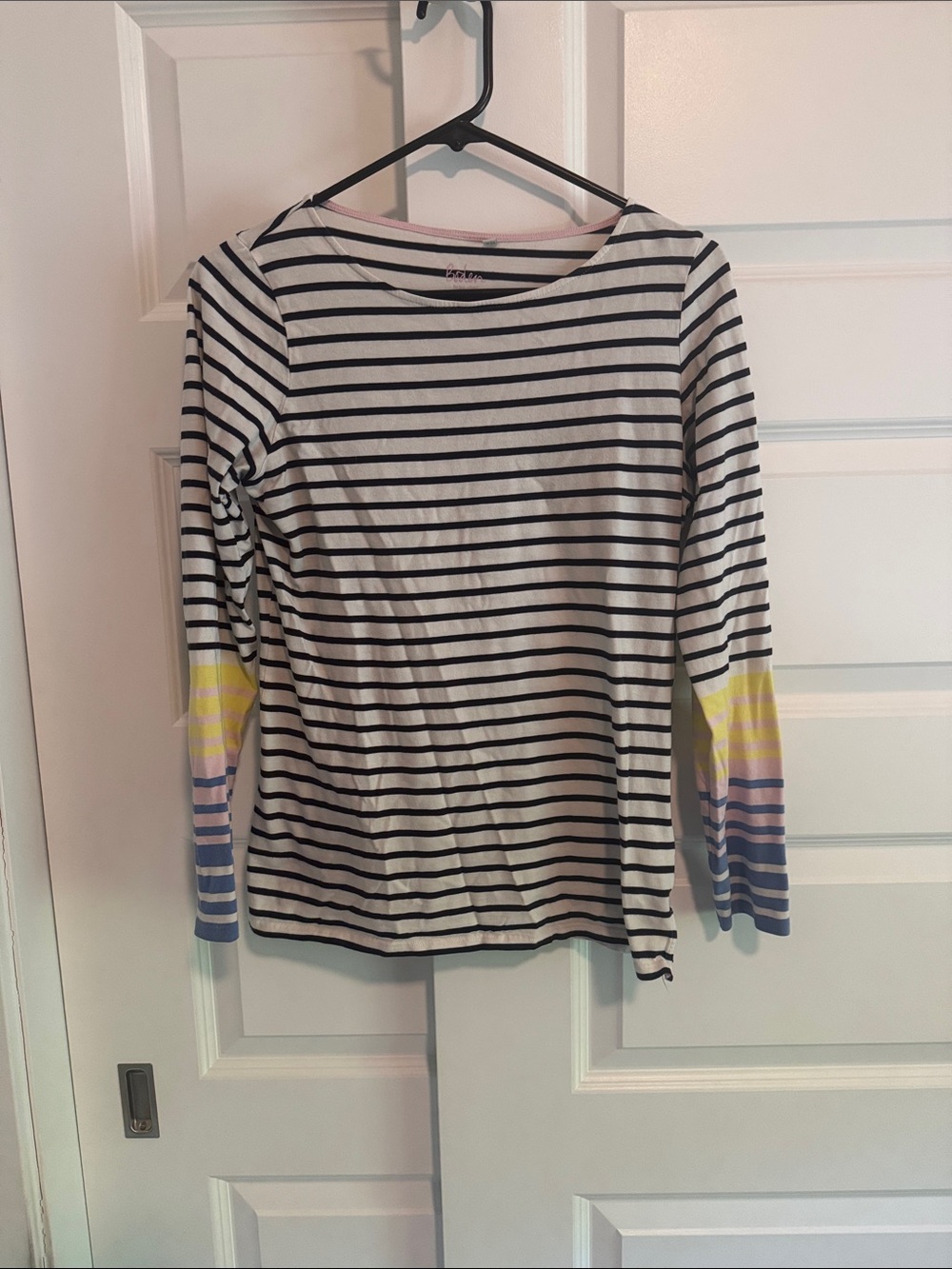Boden Striped Boatneck Long-Sleeve Top with Pastel Sleeve Accents